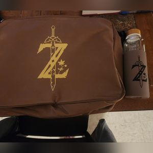 Legend of Zelda messenger bag, bento box, and water bottle